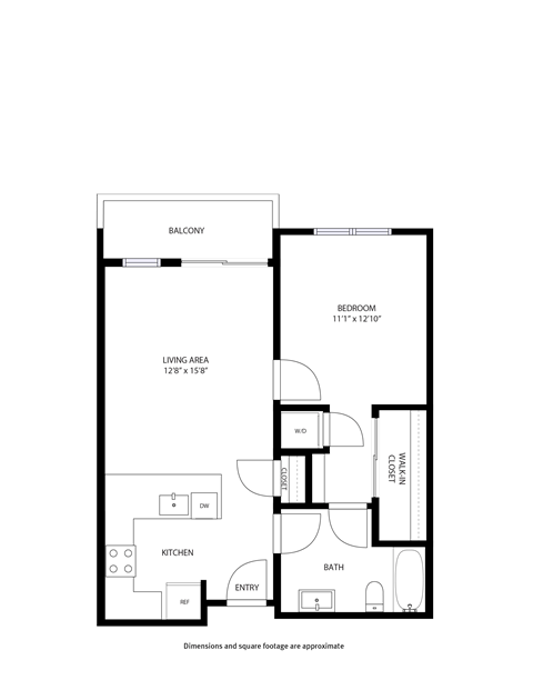 A floor plan of a small apartment with a living area, kitchen, bathroom, and bedroom.